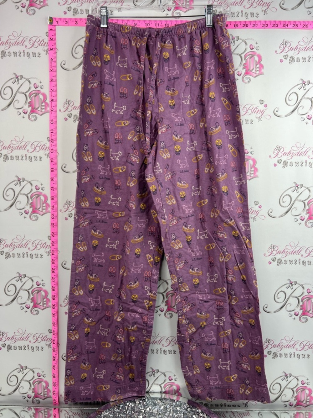 L.L. Bean pants cats kittens Purple Pajama Pants with Mustard and Cream Print